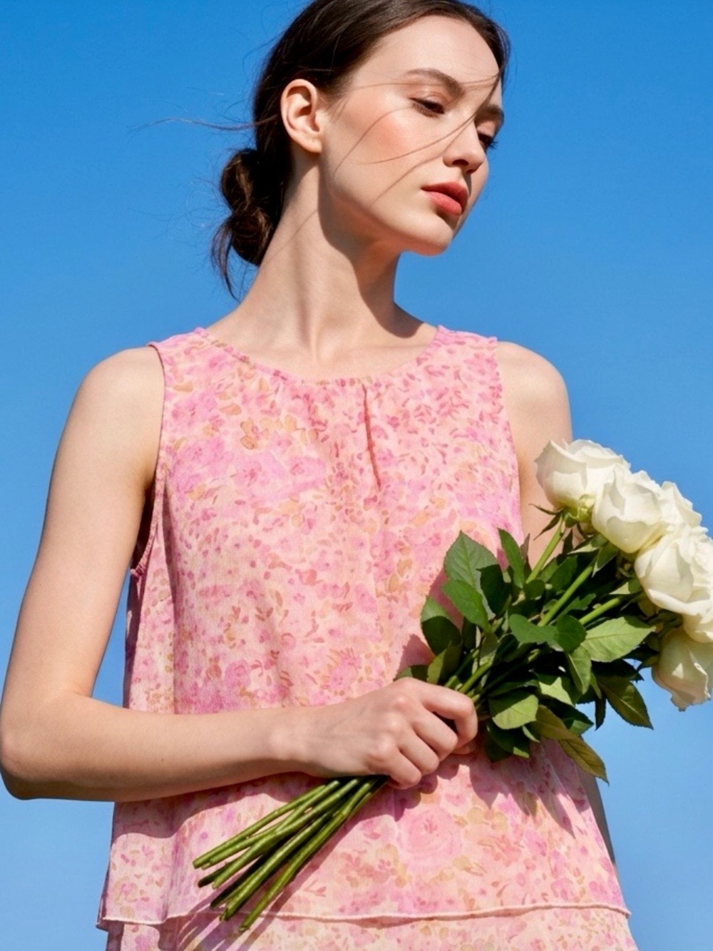 Tamara H. Pink Floral Sheer Sleeveless Blouse w/Layered Scalloped Hem M